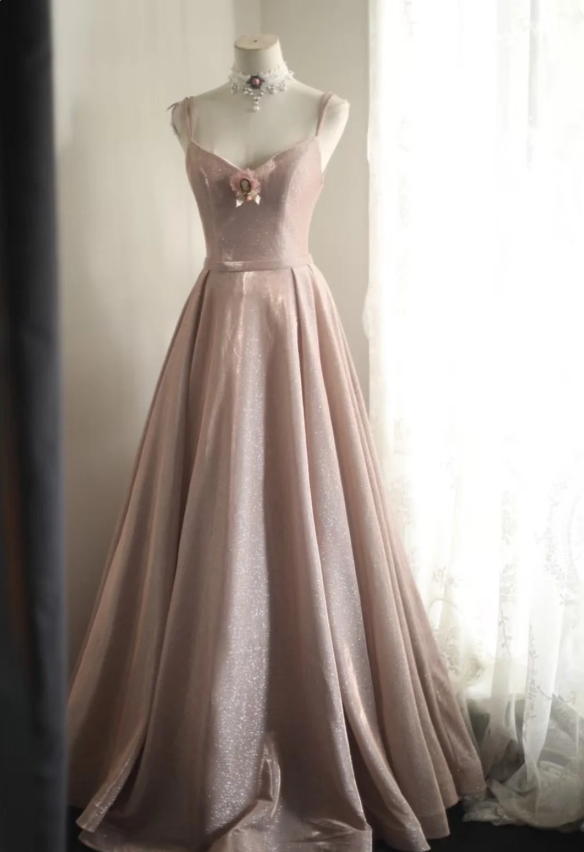 Sweet Pink A-Line V-Neck Sequined Long Prom Dresses Evening Dresses Bridesmaid Dresses