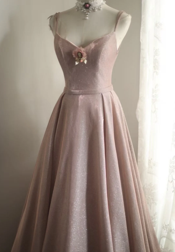 Sweet Pink A-Line V-Neck Sequined Long Prom Dresses Evening Dresses Bridesmaid Dresses