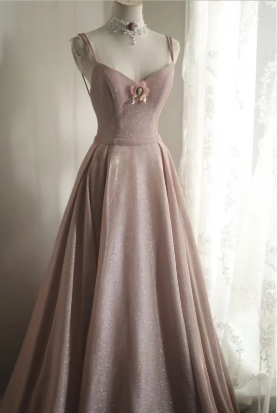 Sweet Pink A-Line V-Neck Sequined Long Prom Dresses Evening Dresses Bridesmaid Dresses