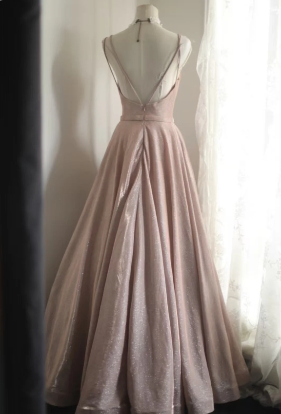 Sweet Pink A-Line V-Neck Sequined Long Prom Dresses Evening Dresses Bridesmaid Dresses