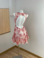Sweet Pink Floral Backless Multi-Layered Pleated Chiffon Homecoming Dresses