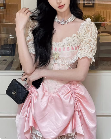 Sweet Pink Lace Short Sleeve Herringbone Short A-Line 17Th Birthday Homecoming Dresses Secondary image
