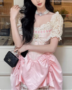 Sweet Pink Lace Short Sleeve Herringbone Short A-Line 17Th Birthday Homecoming Dresses
