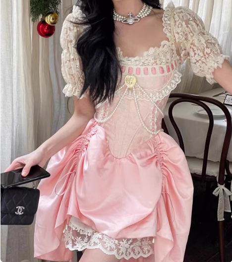 Sweet Pink Lace Short Sleeve Herringbone Short A-Line 17Th Birthday Homecoming Dresses