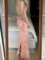 Sweet Pink Mermaid Backless Bow Print Chiffon Long Prom Dresses Evening Dresses