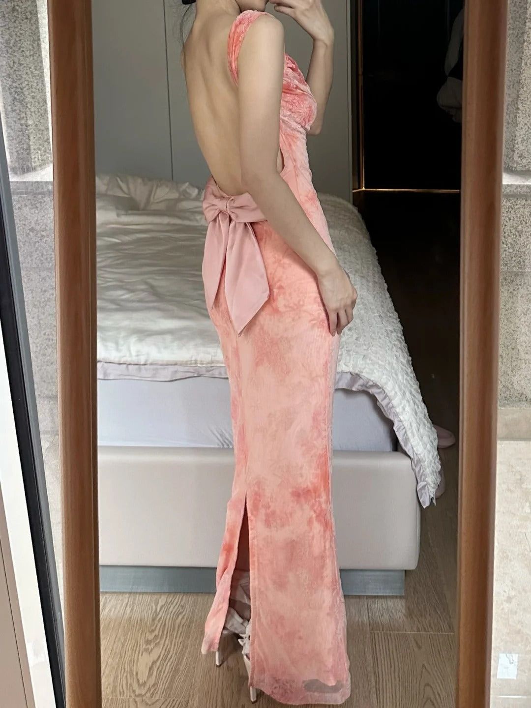 Sweet Pink Mermaid Backless Bow Print Chiffon Long Prom Dresses Evening Dresses