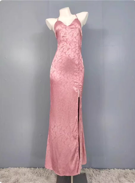 Sweet Pink Mermaid Cross-Ribbon Embroidered Satin Slit Long Prom Dresses Evening Dresses Secondary image