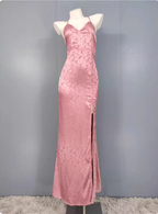 Sweet Pink Mermaid Cross-Ribbon Embroidered Satin Slit Long Prom Dresses Evening Dresses