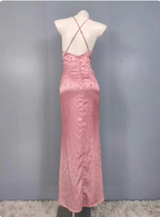 Sweet Pink Mermaid Cross-Ribbon Embroidered Satin Slit Long Prom Dresses Evening Dresses