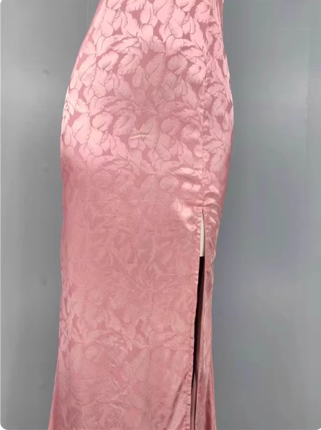 Sweet Pink Mermaid Cross-Ribbon Embroidered Satin Slit Long Prom Dresses Evening Dresses
