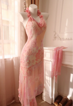 Sweet Pink Mermaid Halter Neck Beaded Chiffon Prom Dresses Evening Dresses