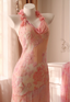 Sweet Pink Mermaid Halter Neck Beaded Chiffon Prom Dresses Evening Dresses