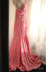 Sweet Pink Mermaid One Shoulder Sequined Pleated Long Prom Dress Backless Evening Dress
