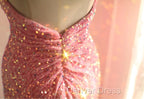 Sweet Pink Mermaid One Shoulder Sequined Pleated Long Prom Dresses Backless Evening Dresses
