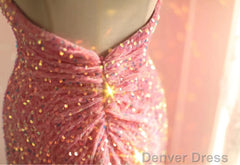 Sweet Pink Mermaid One Shoulder Sequined Pleated Long Prom Dress Backless Evening Dress