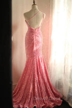 Sweet Pink Mermaid One Shoulder Sequined Pleated Long Prom Dresses Backless Evening Dresses