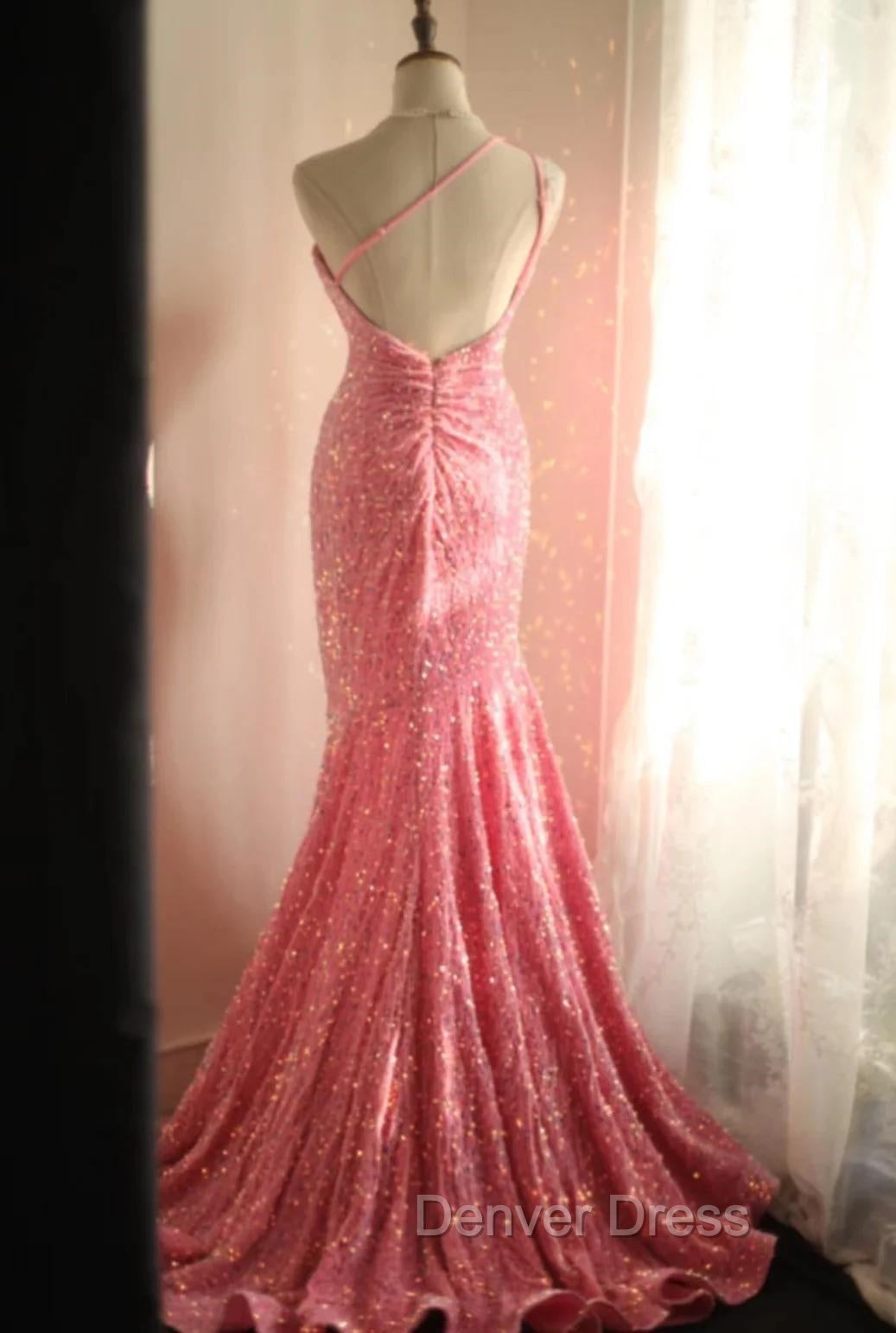 Sweet Pink Mermaid One Shoulder Sequined Pleated Long Prom Dresses Backless Evening Dresses