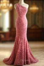 Sweet Pink Mermaid One Shoulder Sequined Pleated Long Prom Dresses Backless Evening Dresses