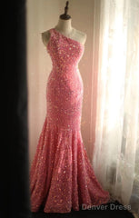 Sweet Pink Mermaid One Shoulder Sequined Pleated Long Prom Dress Backless Evening Dress