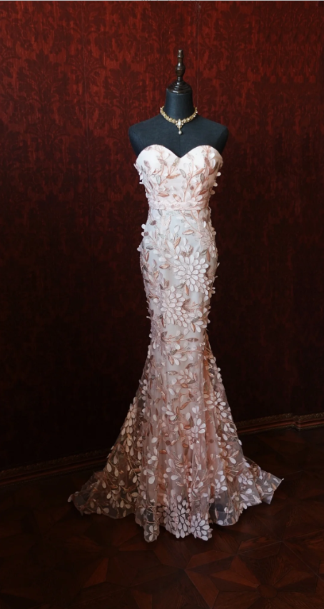 Sweet Pink Mermaid Sweetheart Neckline 3D Petal Tulle Long Prom Dresses Evening Dresses