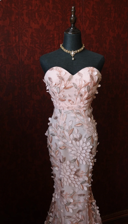Sweet Pink Mermaid Sweetheart Neckline 3D Petal Tulle Long Prom Dresses Evening Dresses