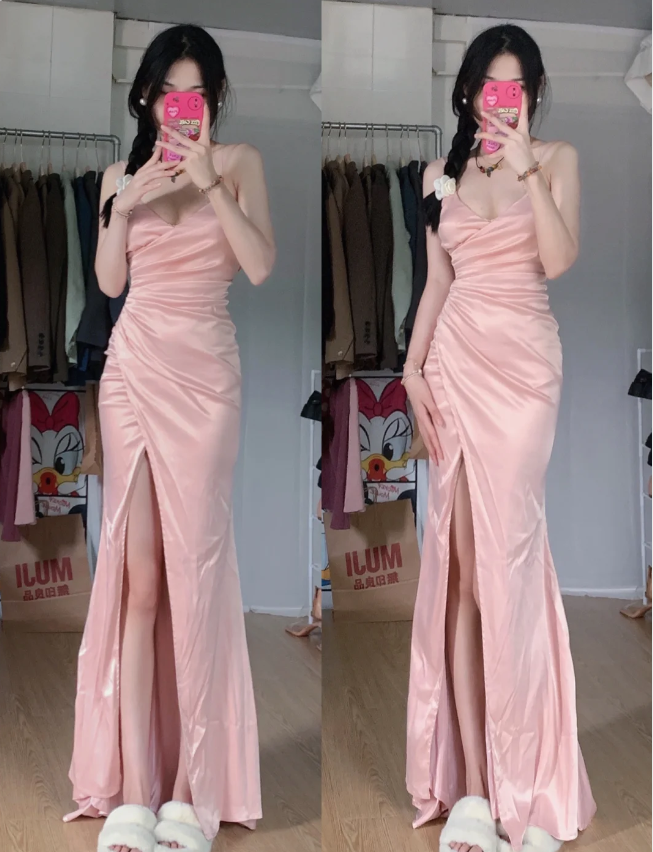 Sweet Pink Mermaid V-Neck Spaghetti Strap Satin Slit Long Prom Dresses Evening Dresses