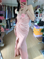 Sweet Pink Mermaid V-Neck Spaghetti Strap Satin Slit Long Prom Dresses Evening Dresses