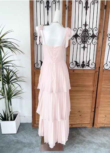 Sweet Pink Multi-Layered Tiered Bow Strap Chiffon Long Prom Dresses Evening Dresses