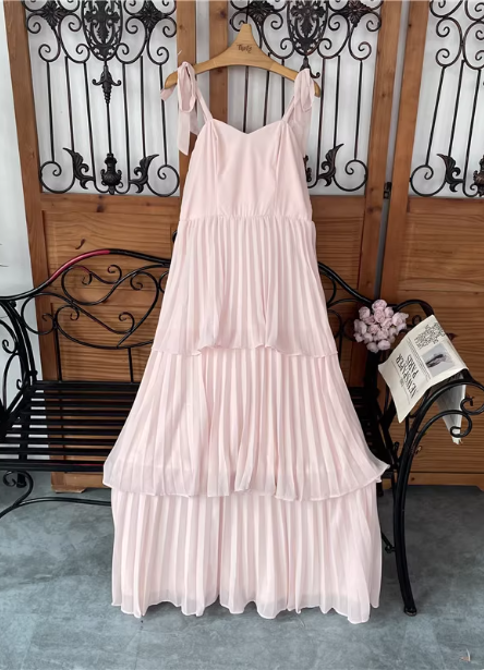 Sweet Pink Multi-Layered Tiered Bow Strap Chiffon Long Prom Dresses Evening Dresses