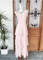 Sweet Pink Multi-Layered Tiered Bow Strap Chiffon Long Prom Dresses Evening Dresses