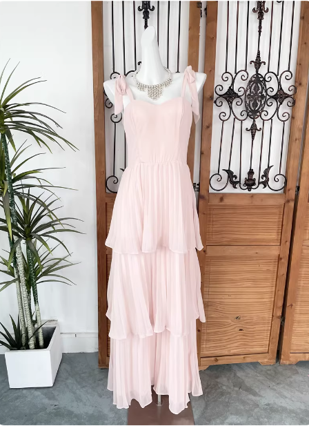 Sweet Pink Multi-Layered Tiered Bow Strap Chiffon Long Prom Dresses Evening Dresses