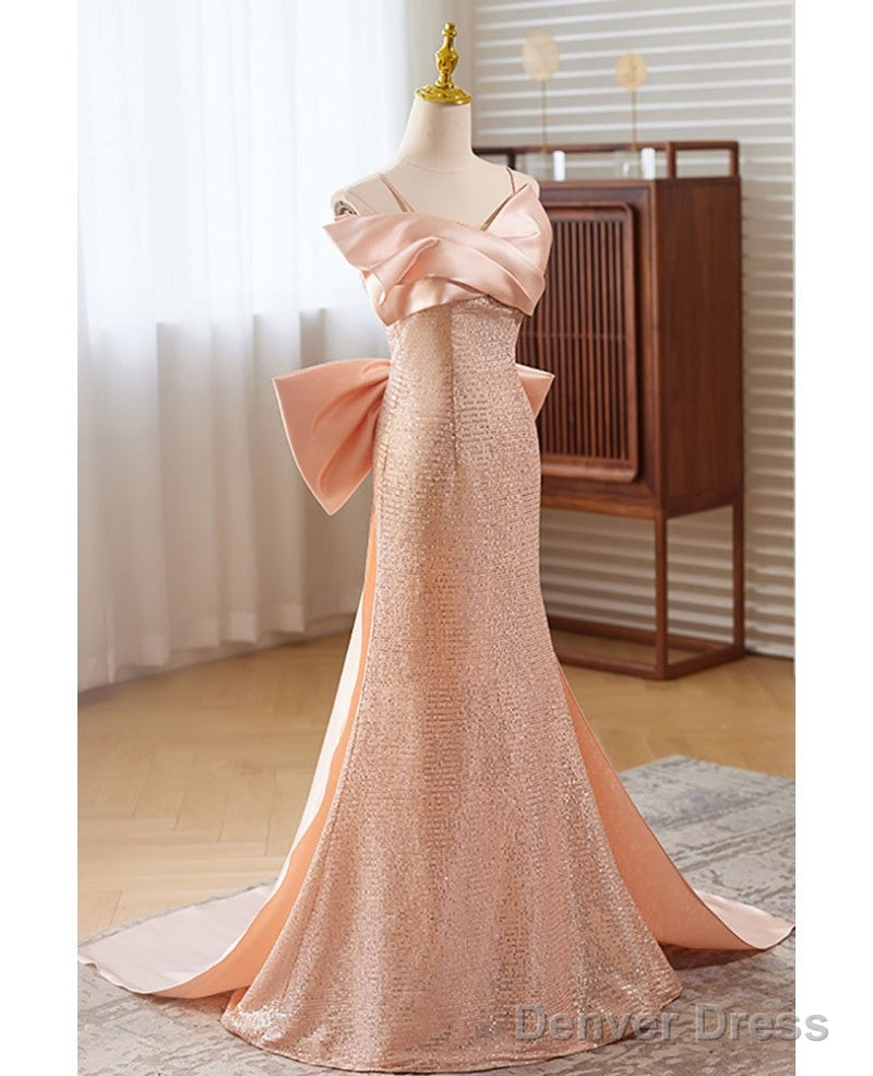 Sweet Pink Sequin Sleeveless Off Shoulder Ball Dress With Pink Mermaid Thin Shoulder Strap, Butterfly Tie, Dew Back Strap, And Floor Length Prom Dresses Secondary image