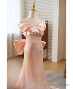 Sweet Pink Sequin Sleeveless Off Shoulder Ball Dress With Pink Mermaid Thin Shoulder Strap, Butterfly Tie, Dew Back Strap, And Floor Length Prom Dresses