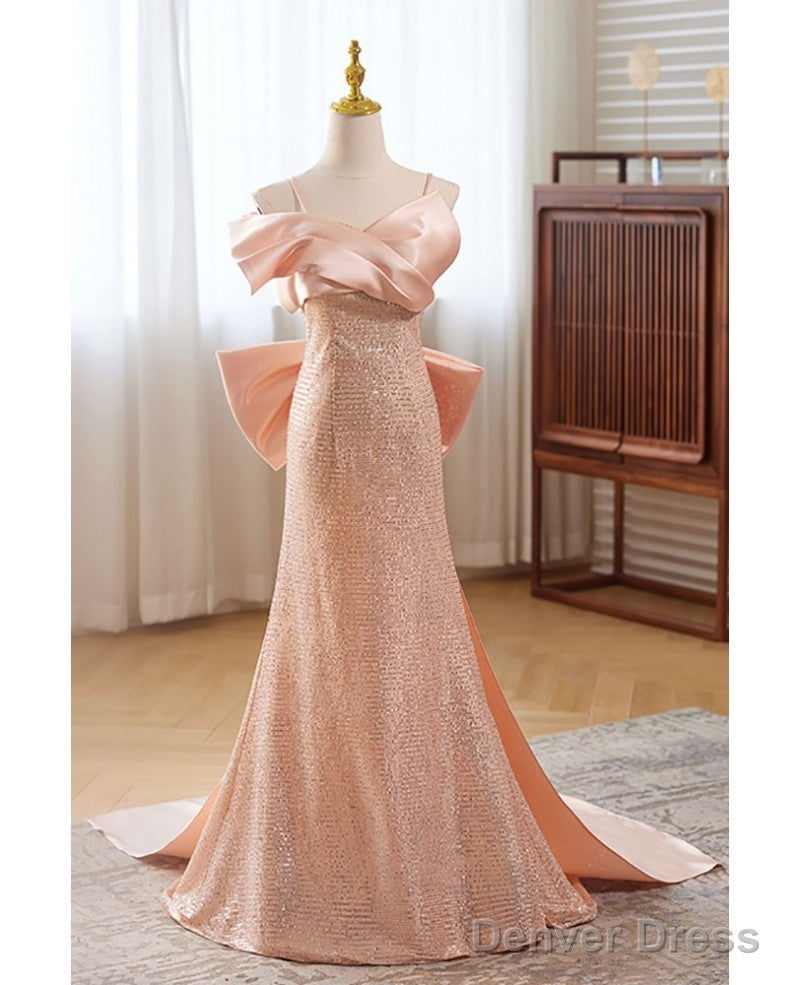 Sweet Pink Sequin Sleeveless Off Shoulder Ball Dress With Pink Mermaid Thin Shoulder Strap, Butterfly Tie, Dew Back Strap, And Floor Length Prom Dresses