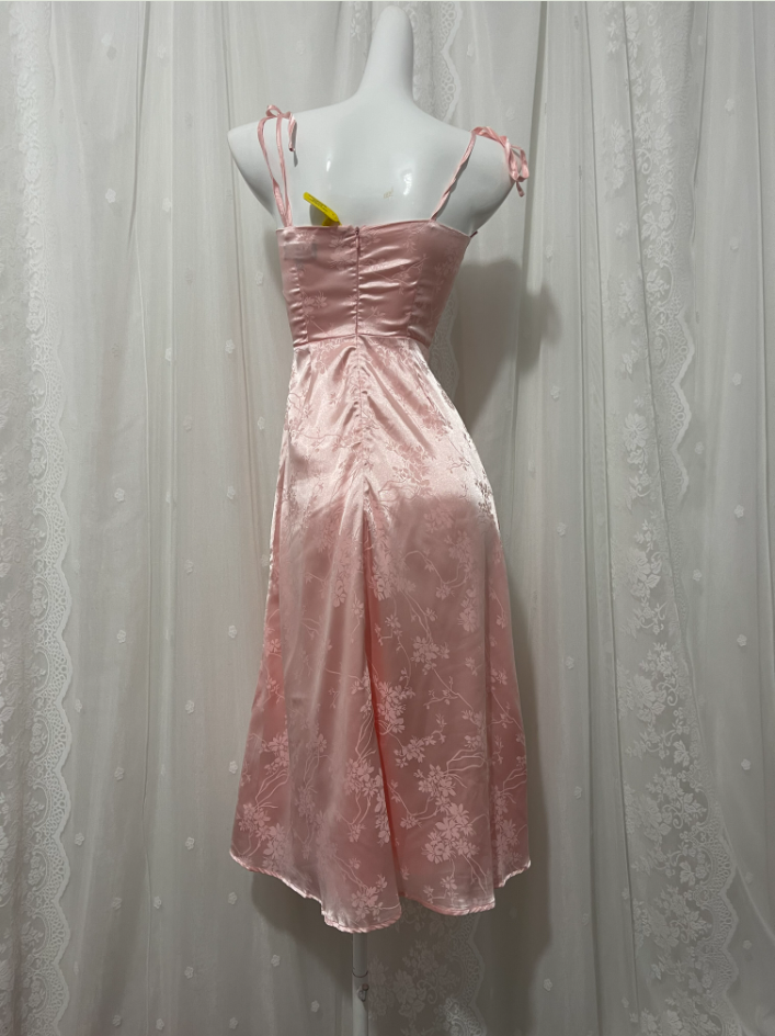 Sweet Pink Spaghetti Strap Embroidered Jacquard Satin Prom Dresses Evening Dresses Secondary image