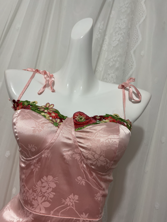 Sweet Pink Spaghetti Strap Embroidered Jacquard Satin Prom Dresses Evening Dresses