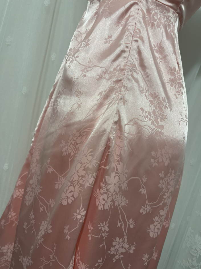 Sweet Pink Spaghetti Strap Embroidered Jacquard Satin Prom Dresses Evening Dresses