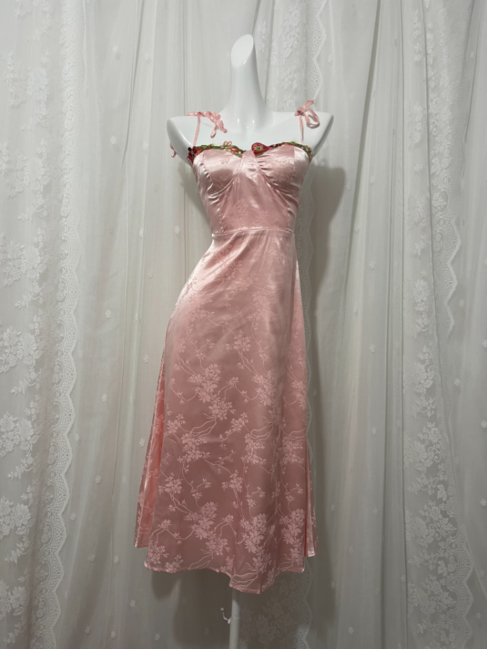 Sweet Pink Spaghetti Strap Embroidered Jacquard Satin Prom Dresses Evening Dresses Main image
