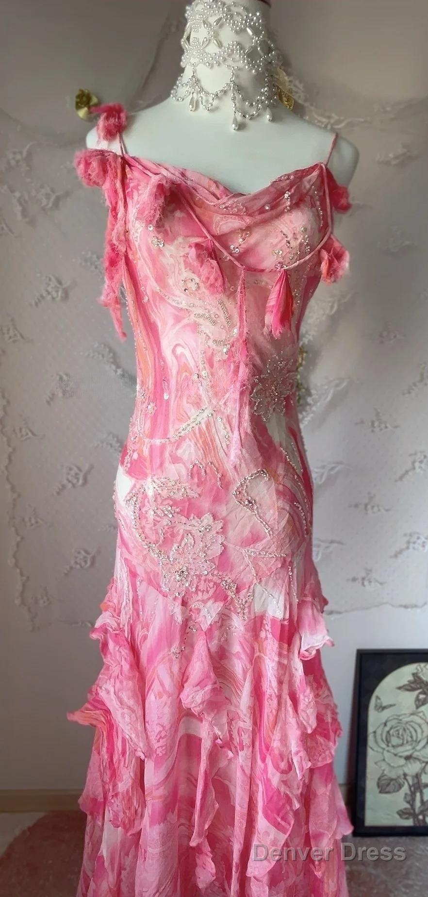 Sweet Pink Spaghetti Strap Sheath Vintage Chiffon Sequined Ball Dress Birthday Prom Dresses Secondary image