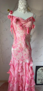Sweet Pink Spaghetti Strap Sheath Vintage Chiffon Sequined Ball Dress Birthday Prom Dresses