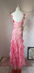 Sweet Pink Spaghetti Strap Sheath Vintage Chiffon Sequined Ball Dress Birthday Prom Dresses