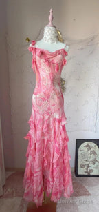 Sweet Pink Spaghetti Strap Sheath Vintage Chiffon Sequined Ball Dress Birthday Prom Dresses