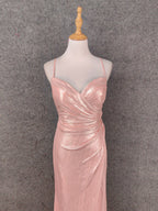 Sweet Pink Spaghetti Strap V-Neck Ruffled Open Back Satin Train Prom Dresses Evening Dresses Bridesmaid Dresses