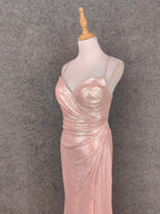 Sweet Pink Spaghetti Strap V-Neck Ruffled Open Back Satin Train Prom Dresses Evening Dresses Bridesmaid Dresses