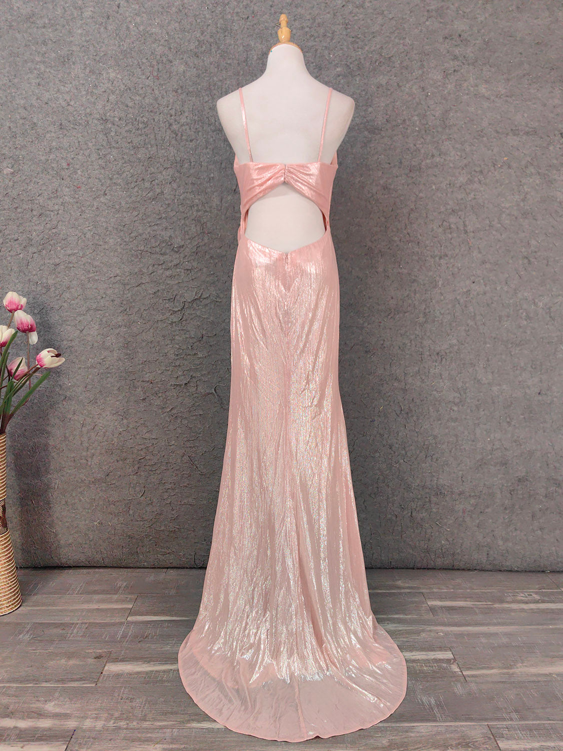 Sweet Pink Spaghetti Strap V-Neck Ruffled Open Back Satin Train Prom Dresses Evening Dresses Bridesmaid Dresses