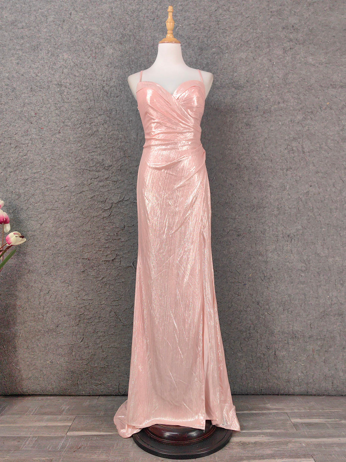 Sweet Pink Spaghetti Strap V-Neck Ruffled Open Back Satin Train Prom Dresses Evening Dresses Bridesmaid Dresses Main image