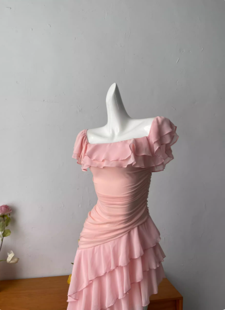 Sweet Pink Square Neck Ruffle Irregular Chiffon Long Prom Dresses Evening Dresses Secondary image