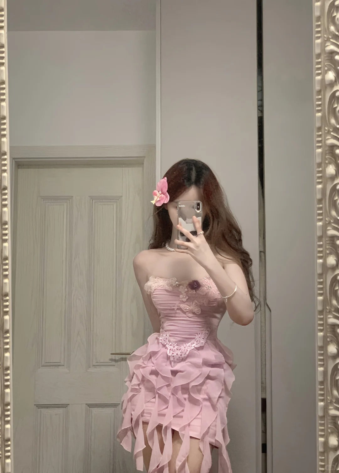 Sweet Pink Strapless Chiffon Bodycon Jellyfish Skirt Homecoming Dresses