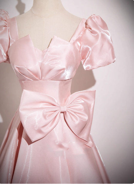 Sweet Princess Pink A-Line Short Sleeve Bow Satin Long Prom Dresses Evening Dresses