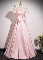 Sweet Princess Pink A-Line Short Sleeve Bow Satin Long Prom Dresses Evening Dresses